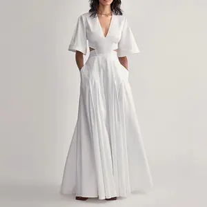 2023 Plain Ladies Summer Clothing V Neck Show Back Waist Pure White Maxi Pleated Elegant Gentle Women's Dress
