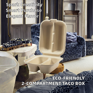 PFAS-Free 100% Compostable 7x6x3\" <strong>Disposable</strong> <strong>Taco</strong> <strong>Holder</strong> with Lid 2 Compartment Bagasse <strong>Taco</strong> Clamshell for Lunch Boxes - Product Image 3