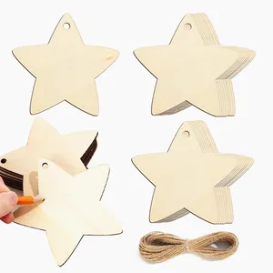 Unfinished Wooden Stars Shape Ornaments Big Blank Wood Slices DIY Crafts Wooden Cutout Ornaments with Hemp Rope
