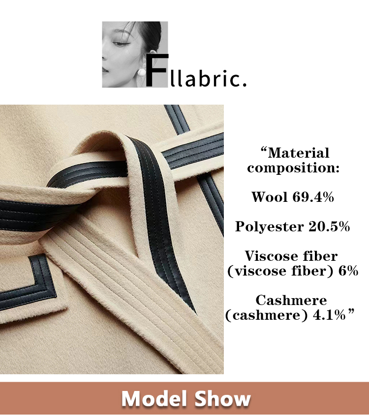 Women's casual  Wool Coat Slim Fashionable Long Women's Double-sided Coat  Wool Fabric coat with belt