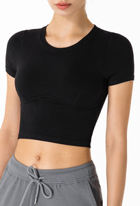Wholesale Solid Color Women's Spring and Summer Short-sleeved T-Shirt Short Slim Sports Running Yoga <strong>Top</strong> <strong>Ladies</strong> Gym <strong>Top</strong> - Product Image 5