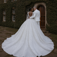 Robe de mariée de bal à manches longues bouffantes, entièrement en dentelle à sequins, col carré, grande taille, personnalisable, vente en gros, fleurs