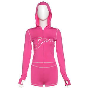 Estivo donna leopardata Set 2 pezzi <span class=keywords><strong>tuta</strong></span> primavera da donna Athleisure Top corto con cappuccio + <span class=keywords><strong>pantaloni</strong></span> corti elasticizzati abbinati - Product Image 5