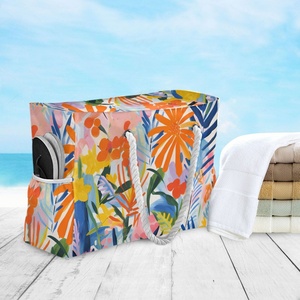 Custom Tropical Flower Waterproof Durable Zipper Pocket <b>Large</b> Capacity <b>Beach</b> Hand <b>Bag</b> With Rope Handles - Product Image 5