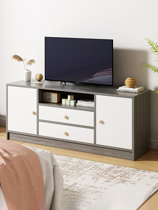 Meuble TV moderne de luxe simple, design en panneaux, bois de chêne/gris + blanc, avec tiroirs, pour salon, séparateurs de pièces - Product Image 6