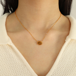 Conjunto de Joyería de Moda para Mujer, Aretes y Collar de Aleación de Zinc con Incrustaciones de Piedra Ojo de Tigre Ovalada, Diseño Minimalista y Elegante - Product Image 4