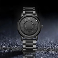Montre à quartz en acier inoxydable noir avec chiffres arabes, montre à quartz pour homme avec bille magnétique roulante, logo personnalisé