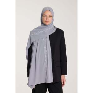 Lightweight Breathable <b>Embroidered</b> <b>Shawl</b> Grey White Floral Design Cotton Silky Crescent Weave Graduation Stole Pashmina Style - Product Image 2