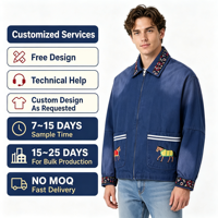 Fabricant OEM ODM, veste de travail vintage brodée avec un motif de cheval, toile de coton lavée, garniture florale, veste personnalisée pour homme