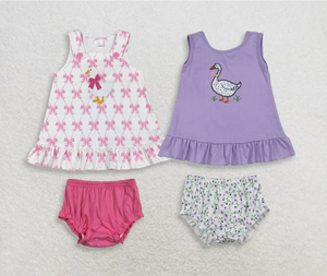 Conjuntos de Ropa para Hermanas Bebés Niñas, Sin Mangas, con Bordado de Lazos y Gansos, Túnica con Flores y Pantalones Cortos - Product Image 1