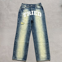 Pantalon en jean décontracté coupe droite délavé style vintage avec sérigraphie personnalisée, effet usé et déchiré pour homme