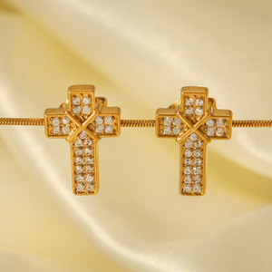 Pendientes de tuerca cruzados de diamante de acero inoxidable chapado en oro para mujer joyería de moda <span class=keywords><strong>E536</strong></span> - Product Image 3