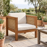 Fauteuil de salon en bois d'acacia pour extérieur, chaise d'appoint en bois pour patio avec accoudoirs en osier pour jardin et cour arrière