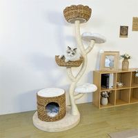 Arbre à chat 2 niveaux en jacinthe d'eau naturelle, classique, luxueux, écologique, avec lit tressé et poteaux à gratter en corde de sisal
