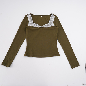 Lace <b>Patchwork</b> V Neck Waist Cinching Long Sleeve <b>Top</b> Dark Green Unique Fashion Hot Girl Flattering Versatile Tee - Product Image 6