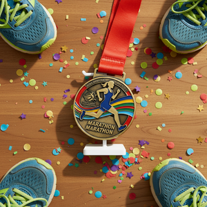 Médaille de marathon personnalisable sur le thème des coureuses - Métal plaqué or avec rayures colorées et forme personnalisée - Product Image 2