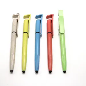 promotional eco friendly wheat straw twist action stylus phone holder and screen wipe ball pen for gifts