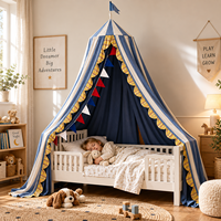 Tente de lit suspendue pour enfants en forme de cône, style camping américain, 100% coton, rayures bleues et blanches, bord à volants, crochets de suspension au plafond