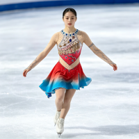 Costume de patinage artistique dégradé rouge et bleu, robe à col halter en maille à manches longues avec strass pour filles et adultes, pour compétition et performance