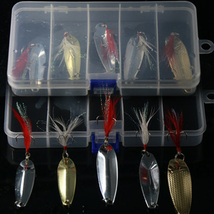 Kit de señuelos metálicos con plumas, 5 piezas, para pesca en agua dulce, caja de cebo artificial incluida - Product Image 1