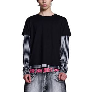 Custom Soft Lightweight 100% Cotton Jersey Unisex <b>Stripe</b> <b>Long</b> <b>Sleeve</b> <b>T</b>-<b>shirt</b> Custom Screen Printing Men's Mock Double Layer Tee - Product Image 2