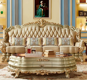 European Style Leather Sectional <b>Sofa</b> Set Solid <b>Wood</b> Carved <b>Frame</b> Home Furniture Living Room Apartment Comfortable - Product Image 3