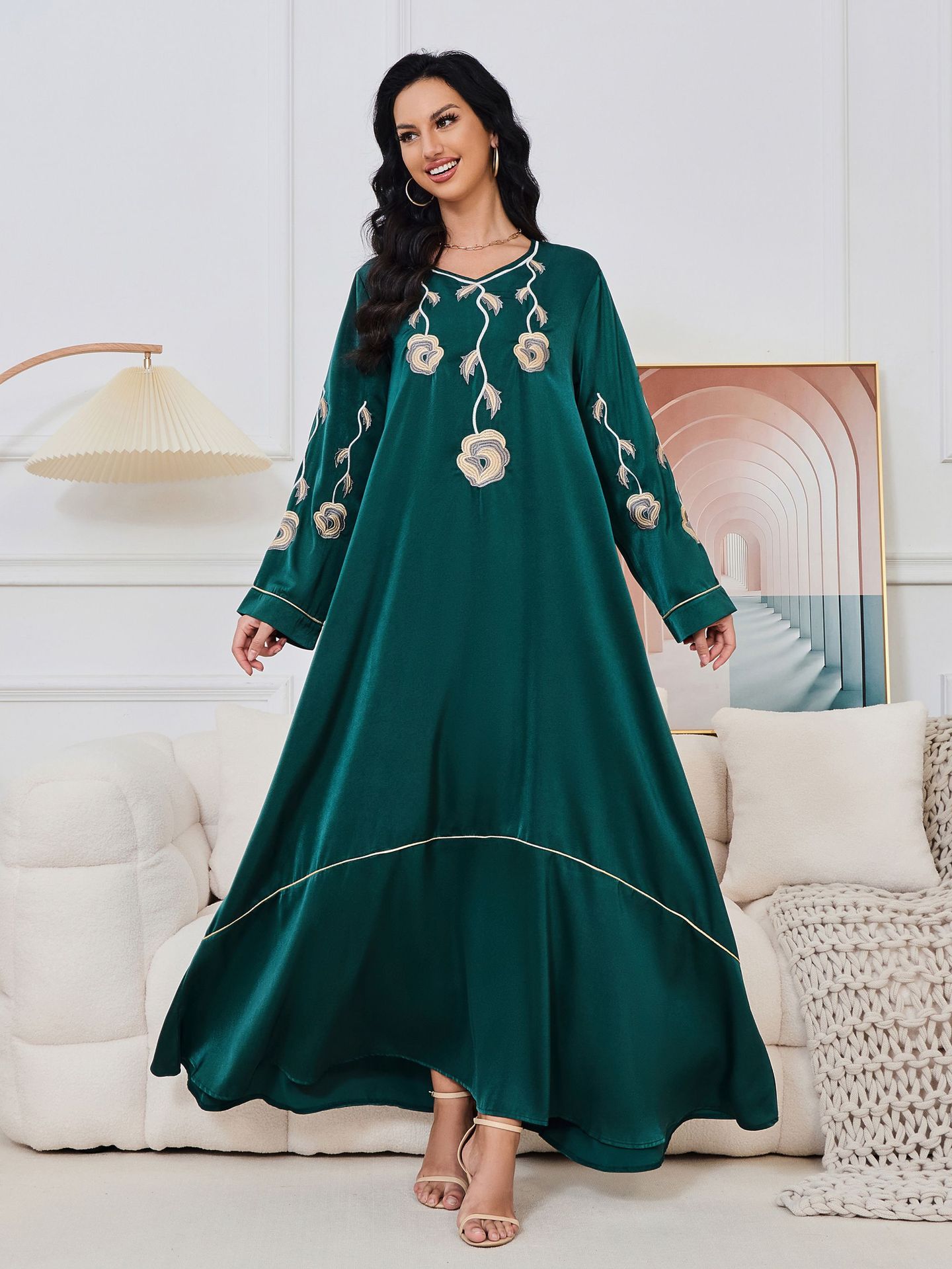 dignified casual dress Black A-Line Dress Women's Traditional Modest Wear Heart Print Bishop Sleeve Stand Collar High Waist Loose Fit Elegant Casual Woven Fabric,M