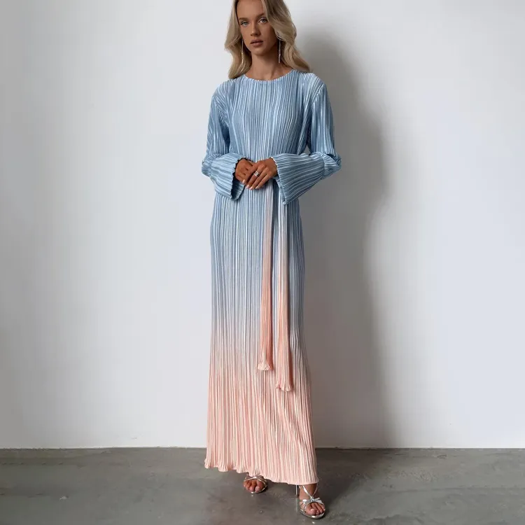 Spring 2024 Female Women's Clothing Dresses Women Lady Elegant Modest Long Sleeve Lace Up Pleated Casual Maxi Gradient Dress
