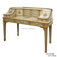 Ensemble de coiffeuses en bois massif avec plusieurs tiroirs, design floral et d'oiseaux peint à la feuille d'or et d'argent, comprend une table, un bureau et une chaise