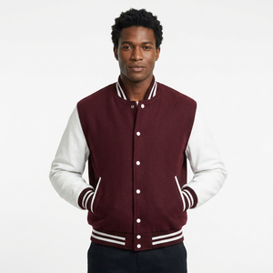 Veste universitaire pour homme de couleur marron avec manches blanches, col rabattu, fermeture à boutons, style preppy, vêtement d'automne - Product Image 1