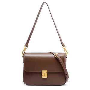 Sac à bandoulière en cuir véritable marron caramel, style niche, design premium, petit sac carré pour le quotidien - Product Image 1