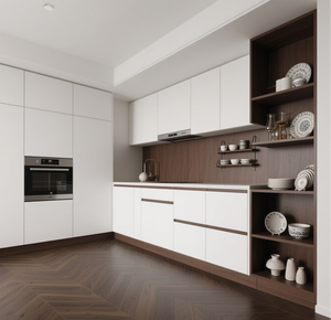 Op Maat Gemaakte Moderne Keuken <span class=keywords><strong>In</strong></span> L-Vorm: Duurzame Tweekleurige Kasten, Werkbladen Van Kwartssteen, Ingebouwde Mooie Apparaten - Product Image 3