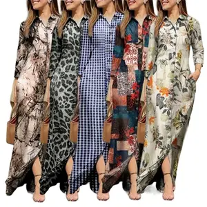 New Women Cotton Shirt Dress Button Up Pocketed Maxi Dress Plus Size Female Casual Printed Dresses