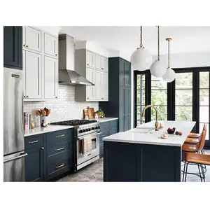 Armoire de cuisine en bois massif, de luxe, en bleu, laque brillante, rangement, nouveau style, pour cuisine