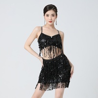 Ensemble de costume de danse latine pour compétition, 2 pièces, jupe tutu et haut sans manches à bretelles classiques personnalisables, taille élastique