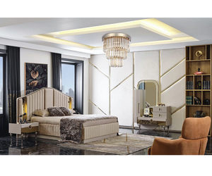 Mr Italian Design New Elegant Luxury Leather Deluxe Golden Cama cómoda King Size Matrimonio Cama de boda para el hogar Villa - Product Image 1