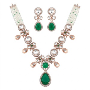 Conjunto de Collar de Plata 925 con Cristales Verdes y Circonitas en Oro Rosa, Joyería Nupcial de Lujo con Pendientes para Mujer, Joyería de Boda - Product Image 1