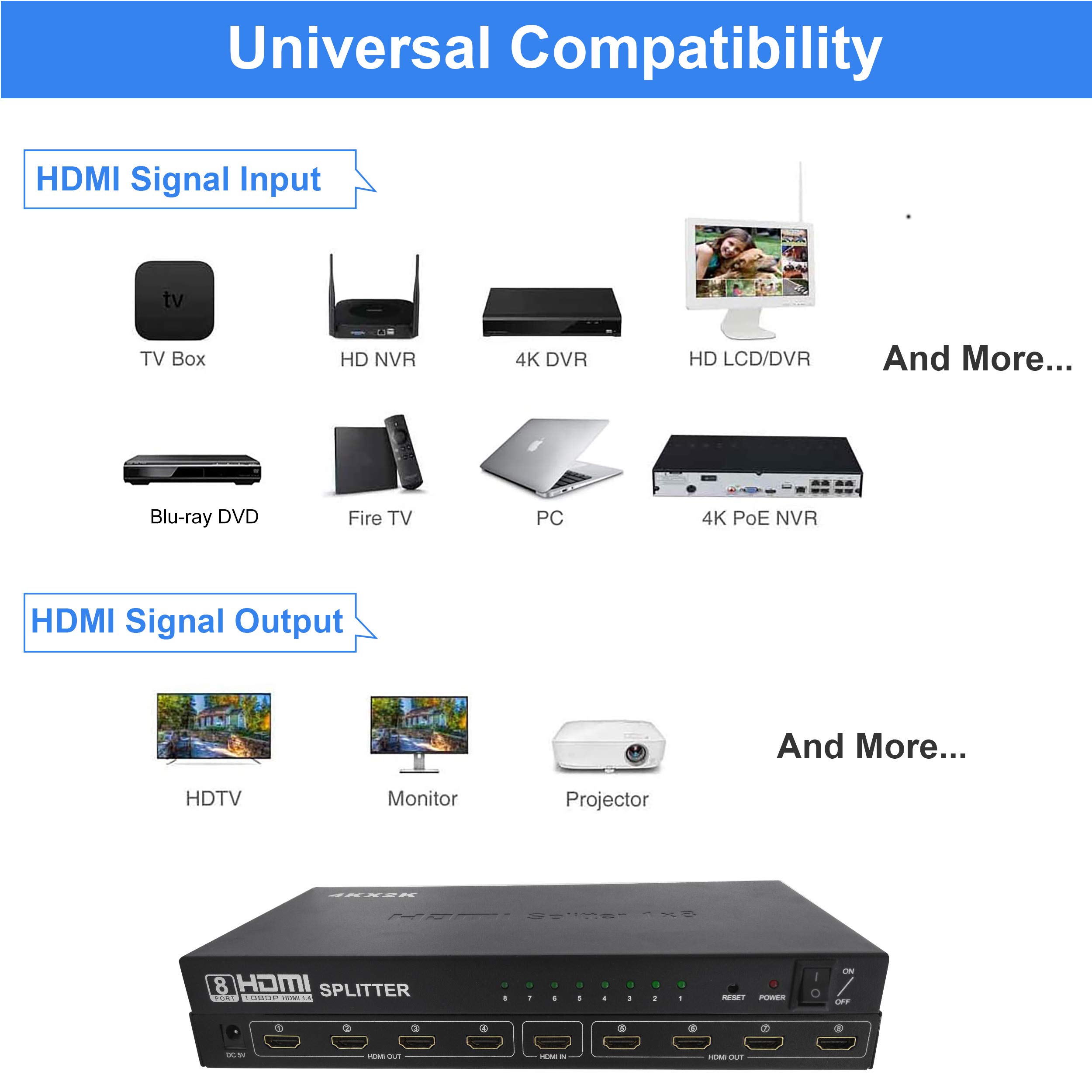 4K*2K 3D 8 Port Hdmi Splitter 1 In 8 Out Audio Video V1.4 Amplifier  hdmi splitter 1x8  For Hd Tv Ps3