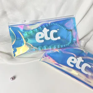 Luxury Professional Horizontal Version Custom Logo Printed Holographic Shiny Cosmetic Bag PVC Zipper Bag For Jewelry