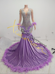 Ocstrade Abito da ballo rosso 2023 su misura con maniche a piuma e strass, elegante vestito da sera lungo da donna - Product Image 6