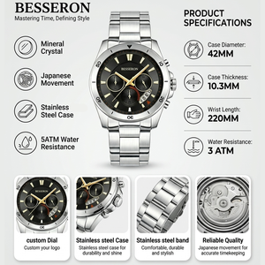 Montre à quartz personnalisée BESSERON 42 mm en acier inoxydable, chronographe pour homme, cadran analogique de luxe, fermoir pliant - Product Image 2