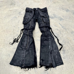 Celana Cargo Pria Model Low Rise Flare, Hitam Acid Washed Distressed dengan Ritsleting, Tali Rumbai, Ujung Berjumbai, Gaya Y2K Grunge Punk Streetwear - Product Image 1