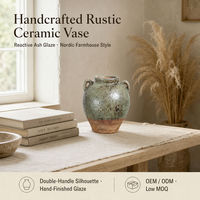Vase en céramique rustique avec poignées, pot à fleurs artisanal vintage de style ferme pour la décoration intérieure européenne, pièce maîtresse