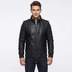<b>Mens</b> Real Black Leather Bomber <b>Jacket</b> Stand Collar Epaulets Zip Chest Pocket Sheepskin Tactical Coat Custom Rib Hem Outerwear - Product Image 1