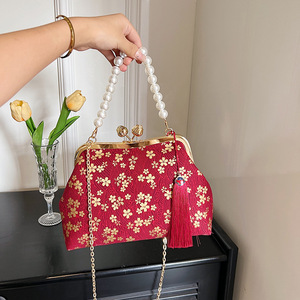 Chinese Style <b>Shell</b> Bag Red Pearl Handle Chain Shoulder Bag Fashionable Evening Bag - Product Image 1