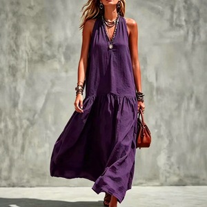 Vestido informal con cuello en V, sin mangas, de color sólido, con cintura elástica, largo, para mujer, Europa, América, Sudeste Asiático, tallas S, M, L, XL, XXL - Product Image 4