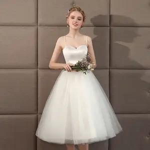 Düğün elbisesi gelinlik elbise 2021 sonbahar yeni stil beyaz gelin şık spagetti kayışı kısa sıkı ve Flare tül akşam elbise