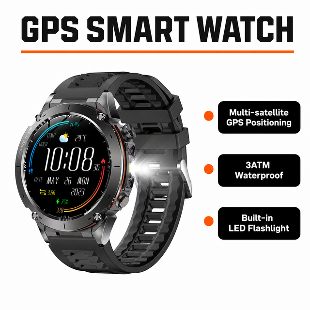 2026 Y101 Men GPS Outdoor Smartwatch, Built-in LED Flashlight, 1.43'' HD Screen, Heart Rate & SpO2 Monitoring, 3ATM Waterproof