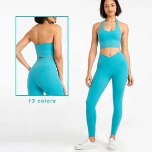 2022 Hot Styles Bright Colors 2pcs Women Yoga Activewear Set Backless Halter Bra and Front Cross Leggings Sports Gym Wear