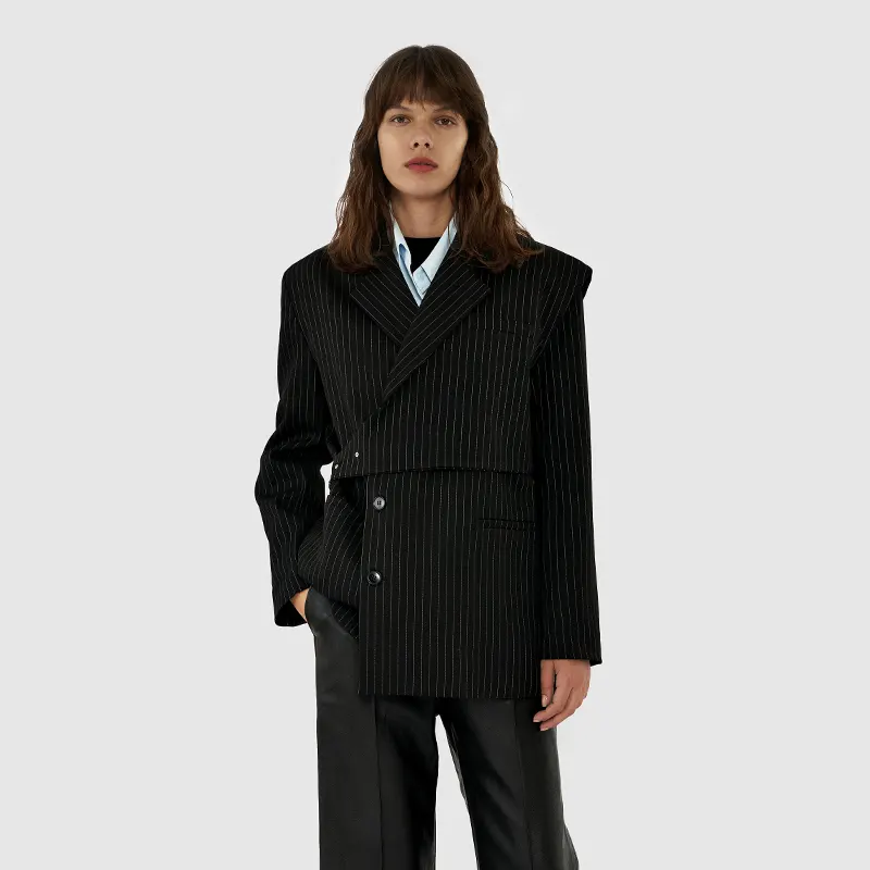 Fashion loose black striped formal office long sleeves suit waistcoat two pieces set blazer for women